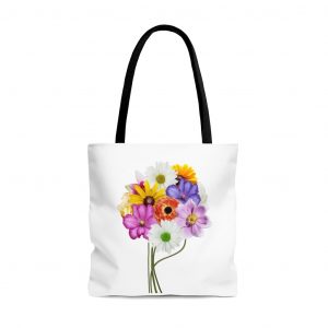 Tote Bag with Floral bouquet on white canvas.